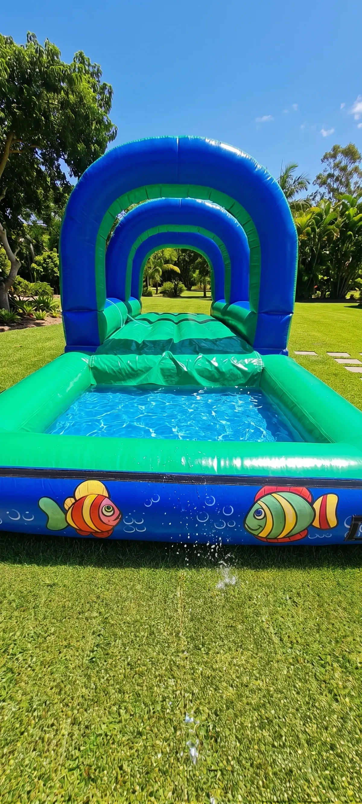 Túnel acuático hinchable con temática de peces y piscina grande